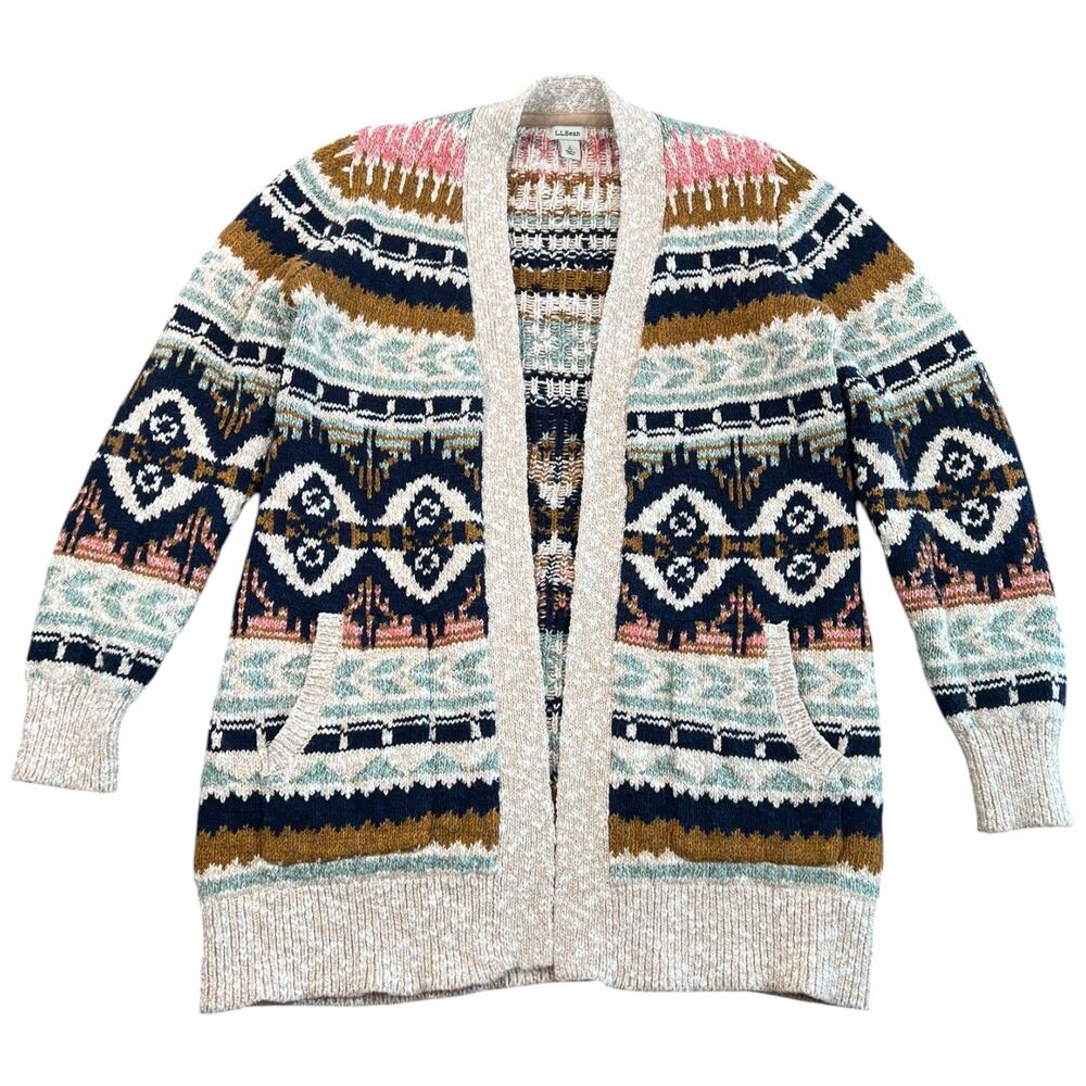 L.L.Bean Fair Isle Open Cardigan Cotton Ragg Nordic Sweater Pockets - S
